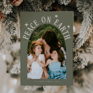 Peace On Earth Arch Photo Sage Green Christmas Holiday Card