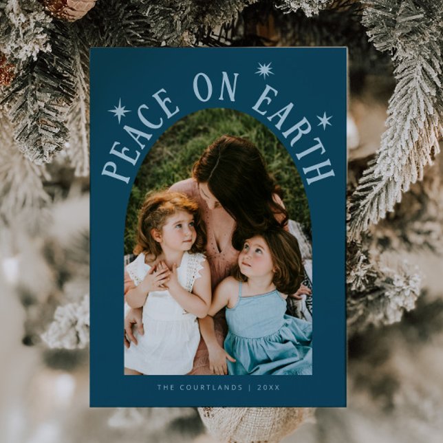 Peace On Earth Arch Photo Teal Christmas Holiday Card (Creator Uploaded)