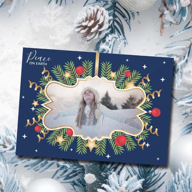 Peace on Earth Beautiful Blue Photo Wreath Modern Holiday Card (Creator Uploaded)