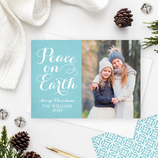 Peace on Earth Beautiful Script Aqua Photo Holiday (Creator Uploaded)