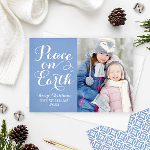 Peace on Earth Beautiful Script Blue Photo Holiday Card