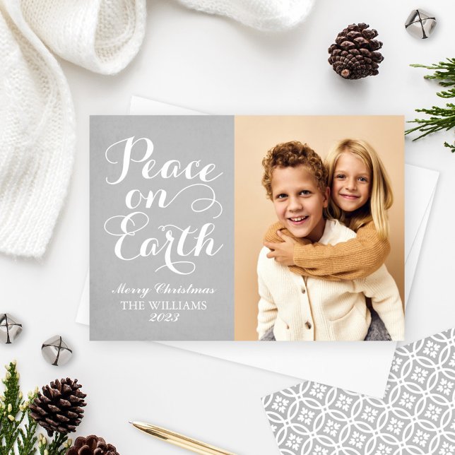 Peace on Earth Beautiful Script Grey Photo Holiday Card (Creator Uploaded)