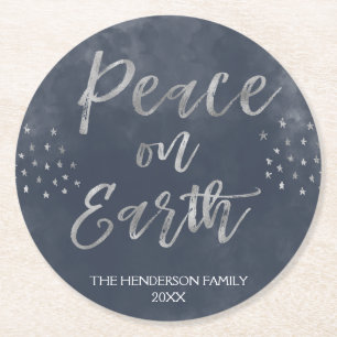 Peace on Earth Blue and Silver Watercolor Coaster