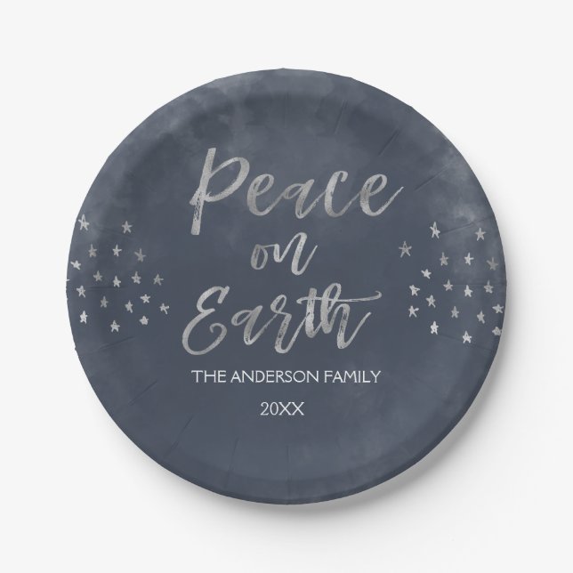 Peace on Earth Blue and Silver Watercolor Plates (Front)
