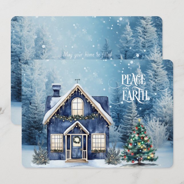 Peace on Earth Blue Christmas Winter Scene House (Front/Back)