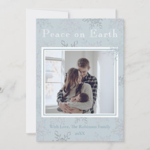 Peace On Earth Blue Snowflake One Photo Christmas Holiday Card