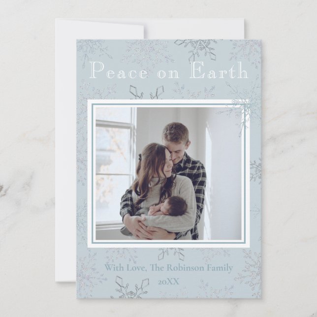 Peace On Earth Blue Snowflake One Photo Christmas Holiday Card (Front)