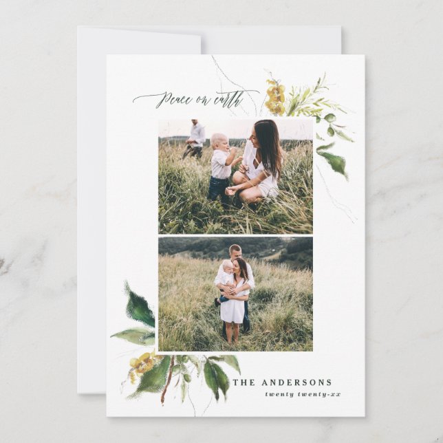 Peace on earth botanical two photo family holiday card (Front)