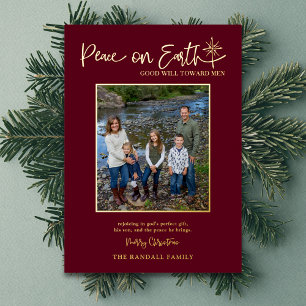 Peace on Earth Burgundy Photo Christmas Elegant Foil Holiday Card
