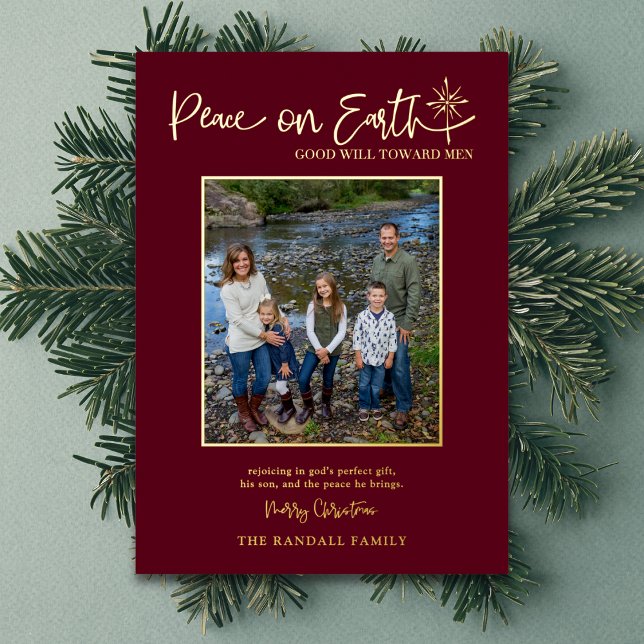 Peace on Earth Burgundy Photo Christmas Elegant Foil Holiday Card (Scripture-inspired blessing celebrating God’s perfect gift and peace. Add your family name and photo)