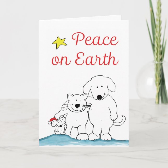 Peace on Earth Cat, Mouse and Dog Holiday Greeting Card (Front)