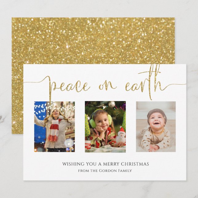 Peace on Earth Christmas 3 Photo Collage Glitter H Holiday Card (Front/Back)
