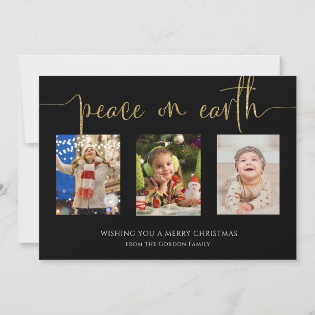 Peace on Earth Christmas 3 Photo Collage Glitter Holiday Card (Front)