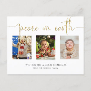 Peace on Earth Christmas 3 Photo Collage Glitter Holiday Postcard