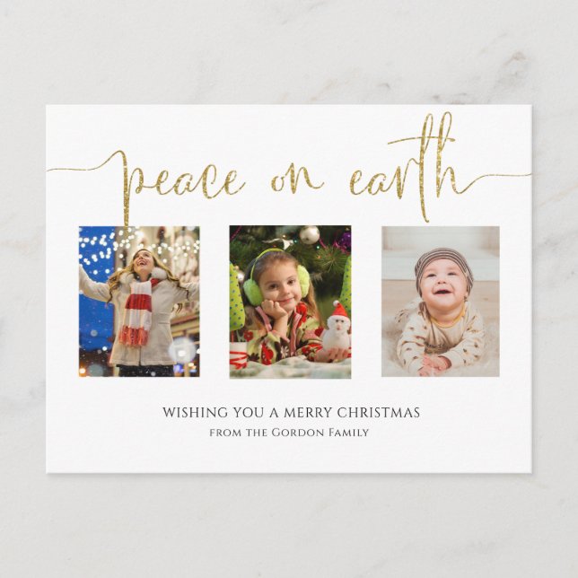 Peace on Earth Christmas 3 Photo Collage Glitter  Holiday Postcard (Front)