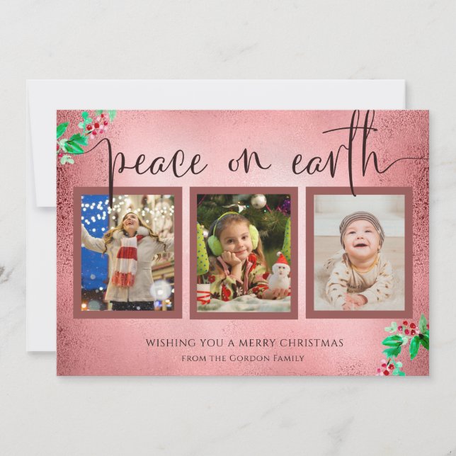 Peace on Earth Christmas 3 Photo Wreath Rose Gold Holiday Card (Front)