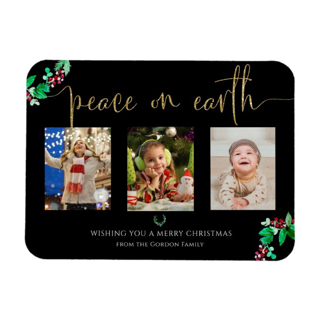 Peace on Earth Christmas 3 Photo Wreath Watercolor Magnet (Horizontal)