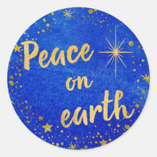 Peace on Earth Christmas Blue and Gold Classic Round Sticker