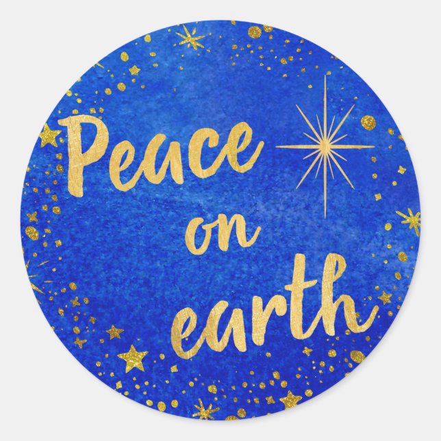 Peace on Earth Christmas Blue and Gold Classic Round Sticker (Front)