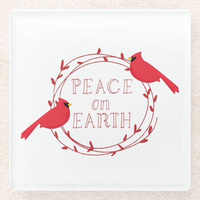 Peace on Earth Christmas Cardinals Glass Coaster (Front)