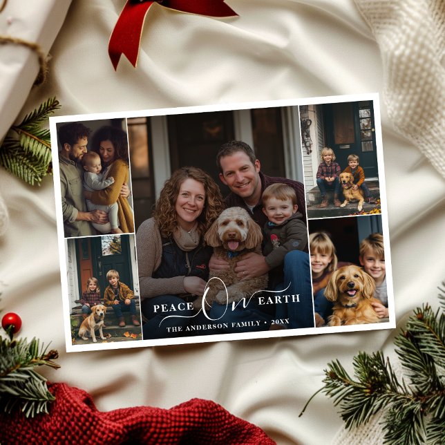 Peace On Earth Christmas Family 5 Photo Collage Holiday Card (Creator Uploaded)