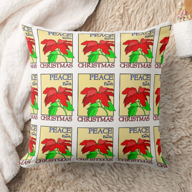 Peace on Earth Christmas Holiday Poinsettia Flower Cushion (Blanket)