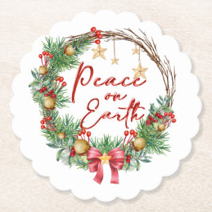 Peace on Earth Christmas Holiday Wreath Paper Coaster