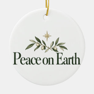 Peace on Earth Christmas Olive Branch and Star Cer Ceramic Tree Decoration