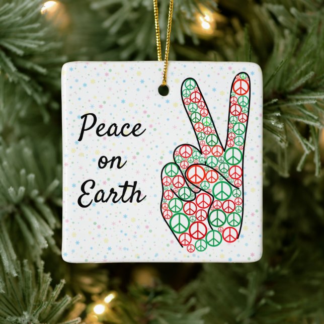 Peace on Earth Christmas Peace Sign Ceramic Ornament (Tree)