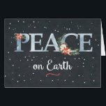Peace on Earth Christmas Poinsettia on Black<br><div class="desc">Peace on earth is written in the stars. Black background filled with stars sets off the word PEACE. Poinsettias and wreath swag decorate the main word. Beautiful and memorable card to send this Christmas!</div>