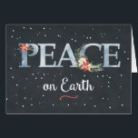 Peace on Earth Christmas Poinsettia on Black<br><div class="desc">Peace on earth is written in the stars. Black background filled with stars sets off the word PEACE. Poinsettias and wreath swag decorate the main word. Beautiful and memorable card to send this Christmas!</div>