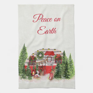 Peace on Earth Christmas Trailer Camper Rustic Tea Towel