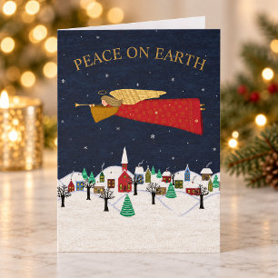 Peace on Earth Christmas Village Angel Folk Art Holiday Card