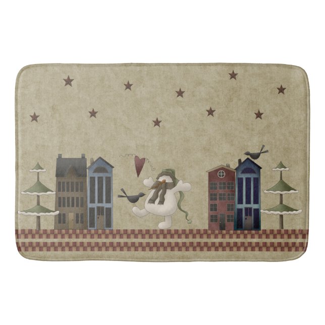 Peace on Earth Country Folkart Snowman & Crow Bath Mat (Front)