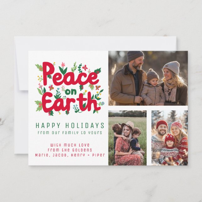PEACE ON EARTH CUSTOM 3 PHOTO Grid Christmas Xmas Card (Front)