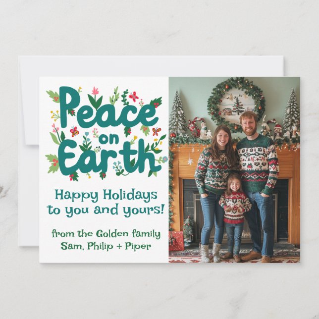 PEACE ON EARTH CUSTOM PHOTO Christmas Illustration Holiday Card (Front)