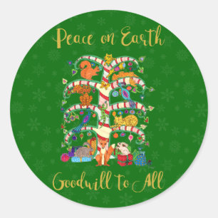 Peace on Earth Cute Animal Tree of Life Holiday Classic Round Sticker