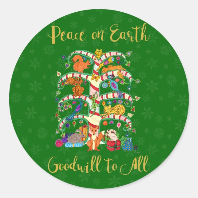 Peace on Earth Cute Animal Tree of Life Holiday Classic Round Sticker (Front)