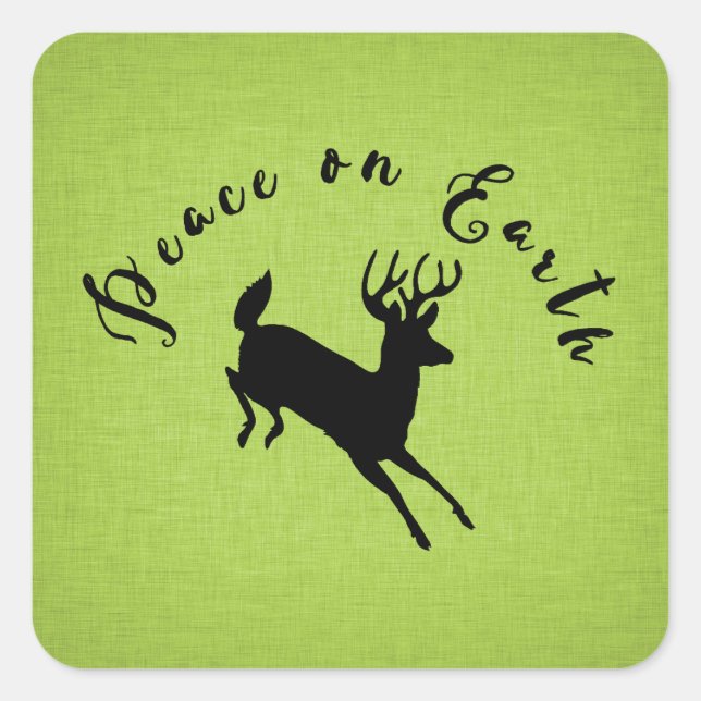 Peace on Earth Deer Green Linen Holiday Sticker (Front)