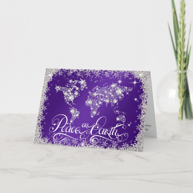 Peace on Earth Diamonds Royal Purple  PERSONALIZED Holiday Card (Front)