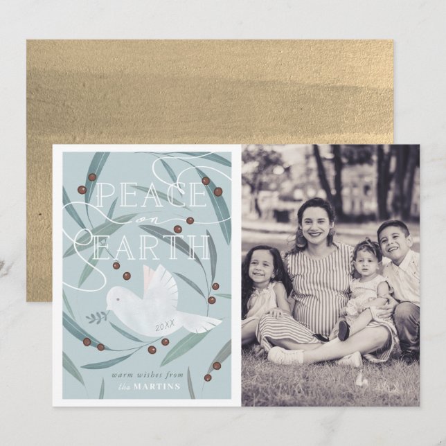 Peace on Earth Dove Blue Photo Christmas Card (Front/Back)