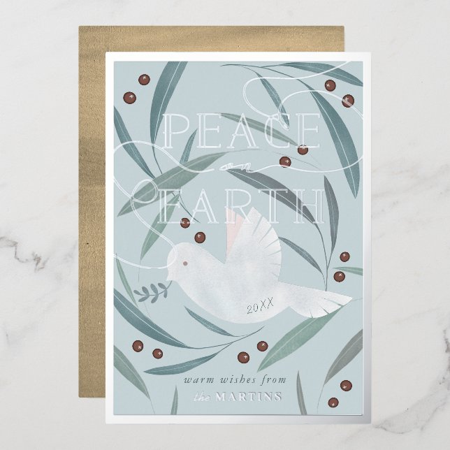 Peace on Earth Dove Blue Silver Foil Holiday Card (Front/Back)