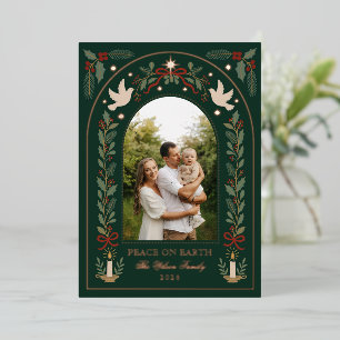 Peace on Earth Dove Botanical Family Christmas Foil Holiday Card