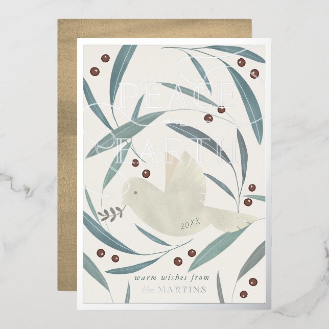 Peace on Earth Dove Cream Silver Foil Holiday Card (Front/Back)