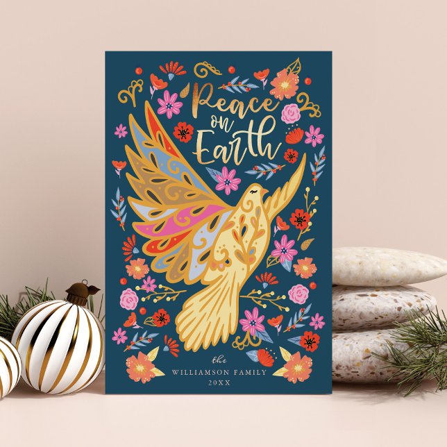 Peace on Earth Dove Floral Folk Art Deep Blue Holiday Card (Peace on Earth Dove Floral Folk Art Deep Blue Holiday Card)