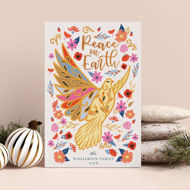 Peace on Earth Dove Floral Folk Art White Holiday Card (Peace on Earth Dove Floral Folk Art White Holiday Card)