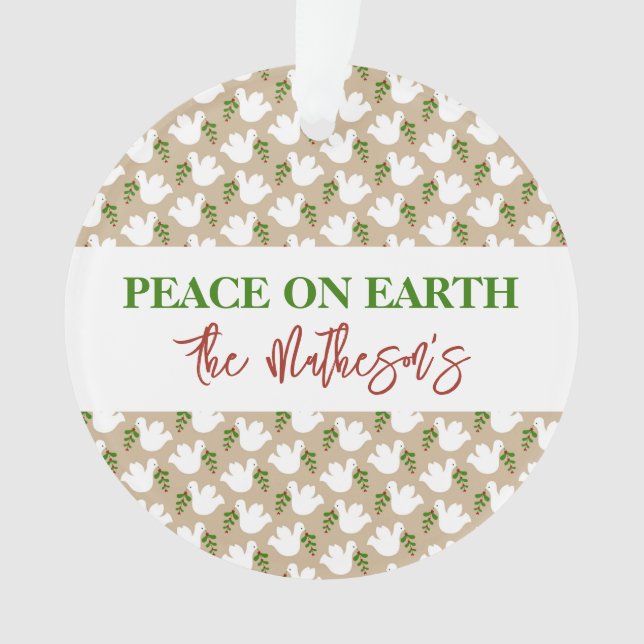 Peace on Earth Dove Pattern NAME Merry Christmas Ornament (Front)