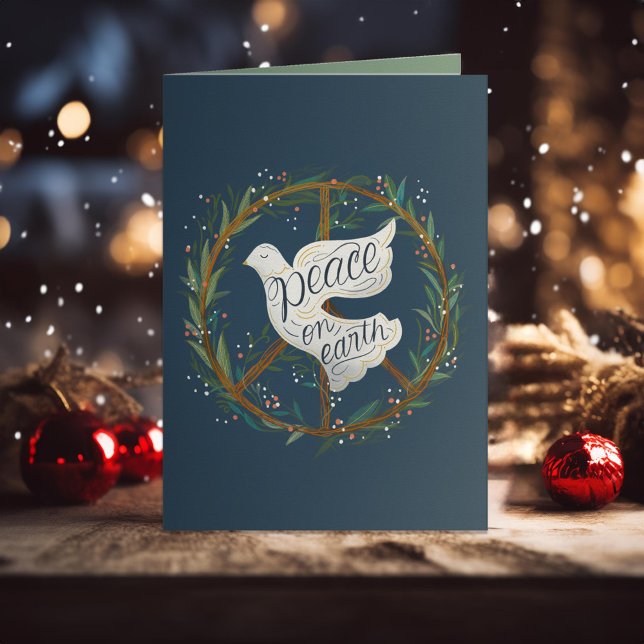 Peace on Earth Dove Peace Sign Wreath Non-Photo Holiday Card (Creator Uploaded)