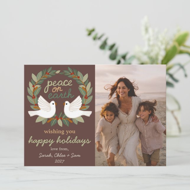 Peace on Earth Doves Christmas CUSTOM 3 PHOTO Holiday Card (Standing Front)