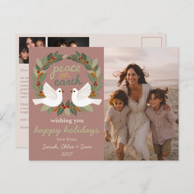 Peace on Earth Doves Christmas CUSTOM 3 PHOTO Holiday Postcard (Front/Back)
